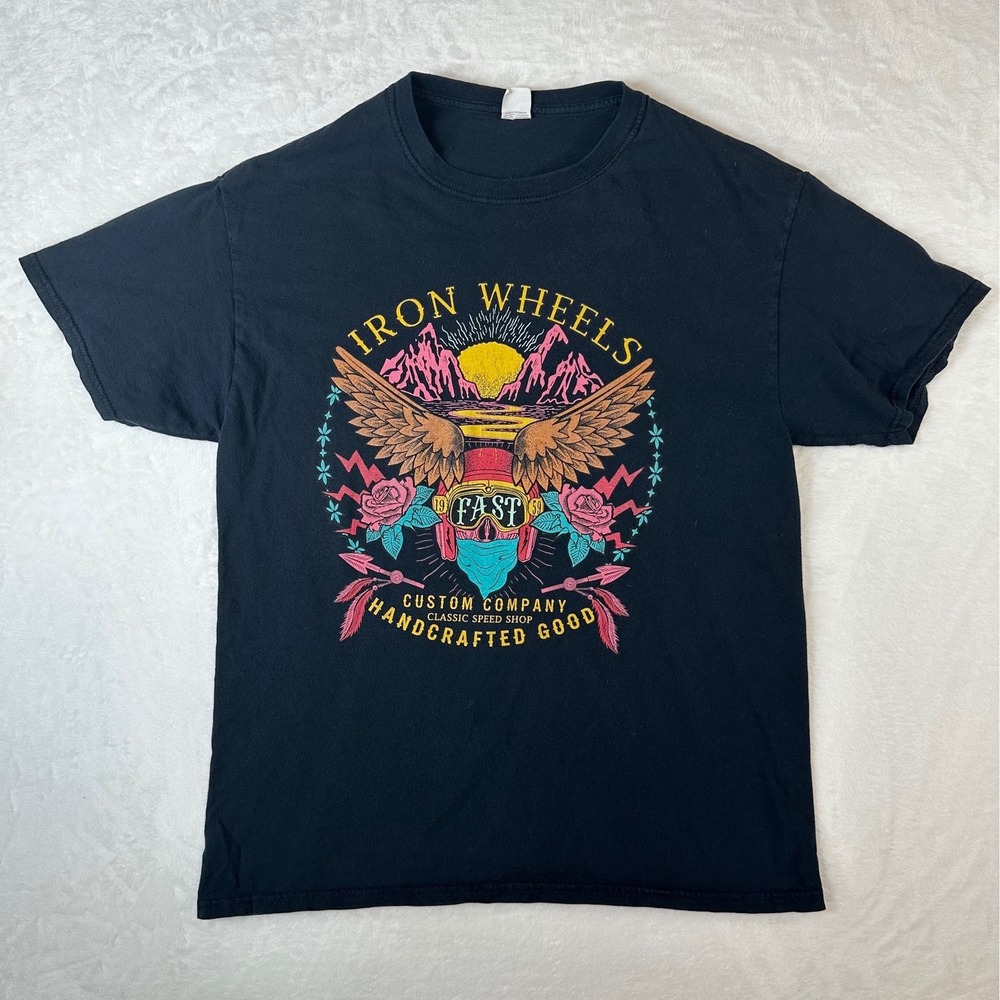 Fruit of the Loom Iron Wheels Custom Company Graphic T-Shirt Black Mens M